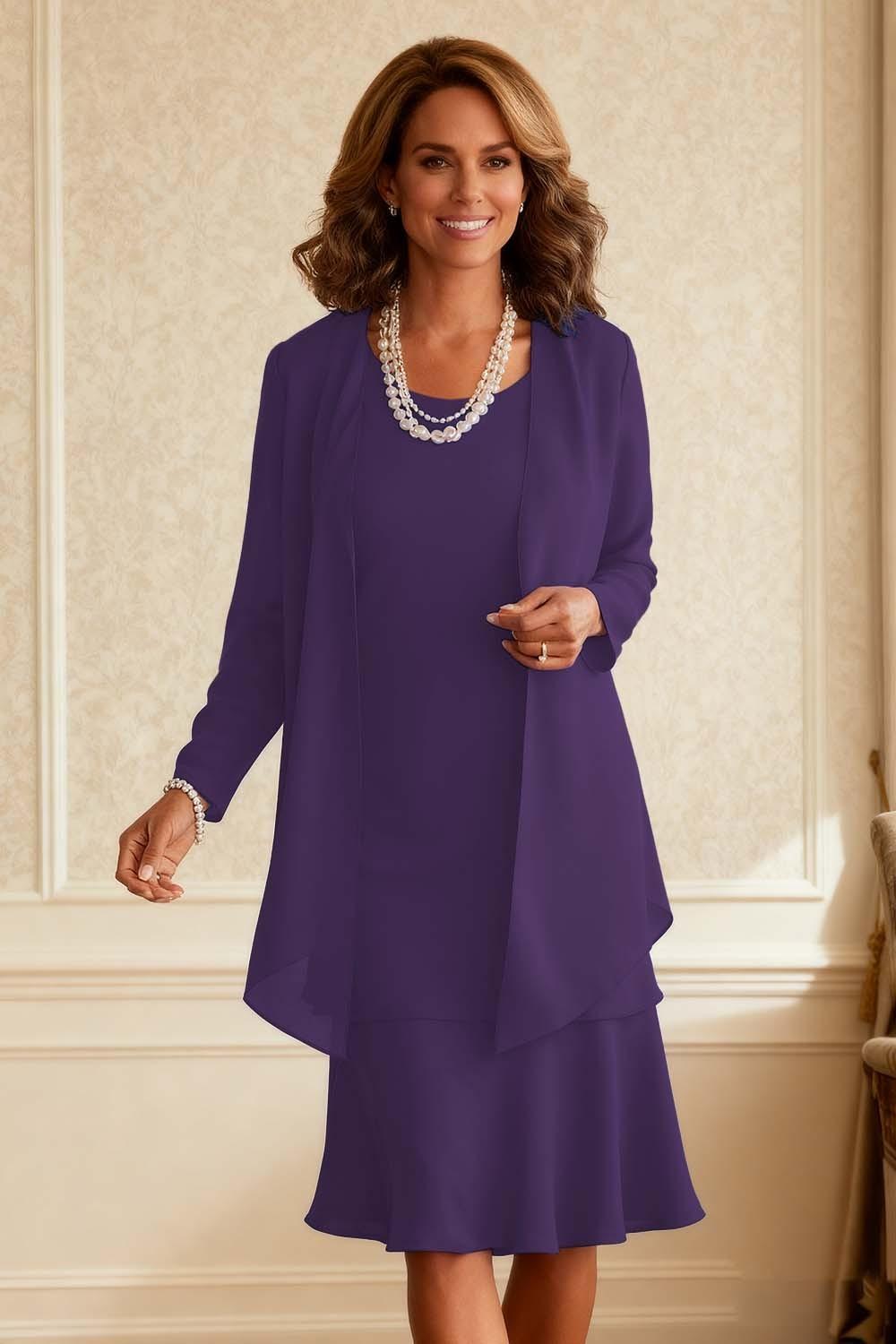 Dreamyannie Royal Blue Chiffon Scoop Neck Knee Length 2 Piece Mother Of The Bride Dress With Jacket