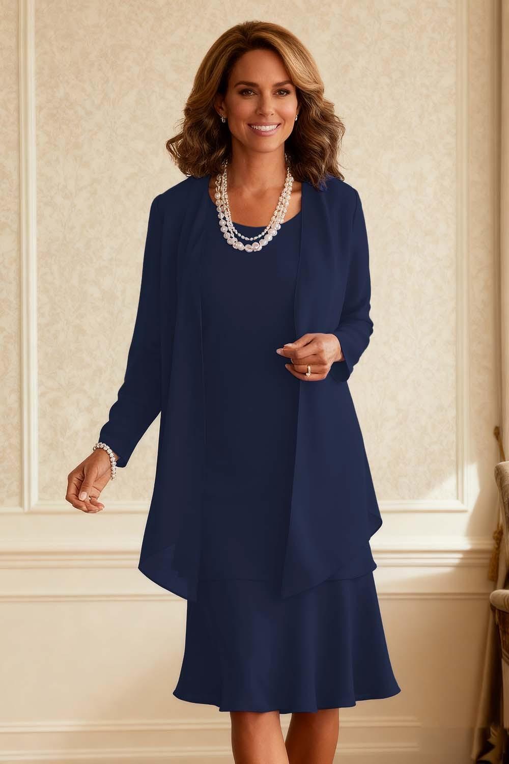 Dreamyannie Royal Blue Chiffon Scoop Neck Knee Length 2 Piece Mother Of The Bride Dress With Jacket