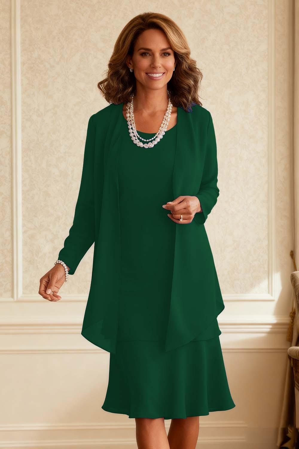 Dreamyannie Royal Blue Chiffon Scoop Neck Knee Length 2 Piece Mother Of The Bride Dress With Jacket