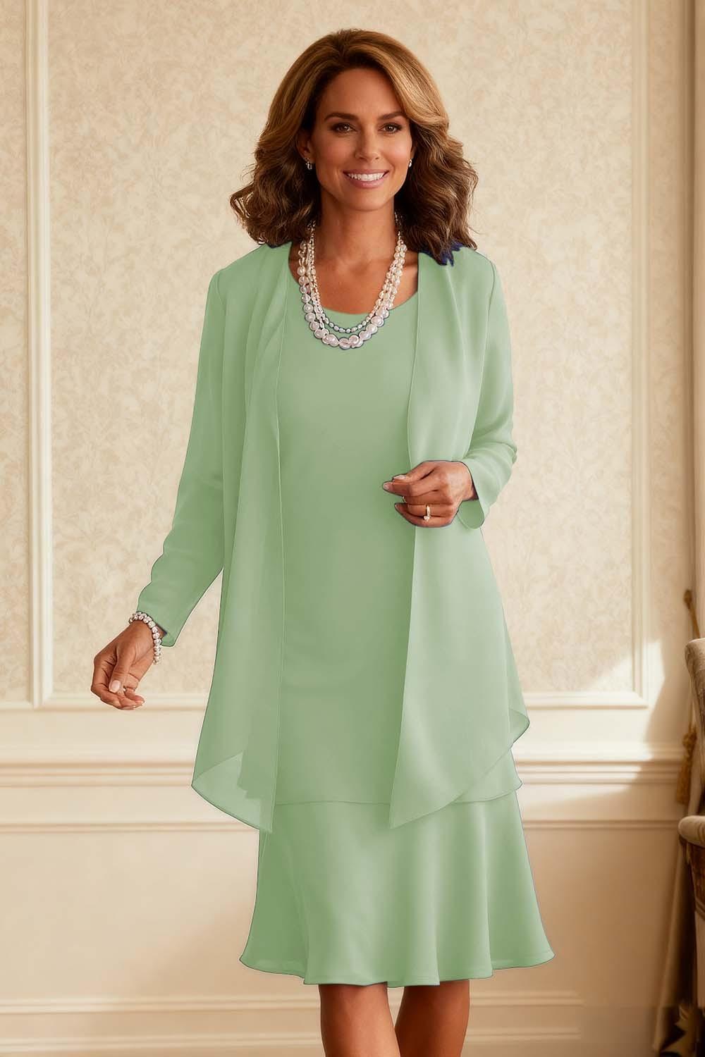 Dreamyannie Royal Blue Chiffon Scoop Neck Knee Length 2 Piece Mother Of The Bride Dress With Jacket