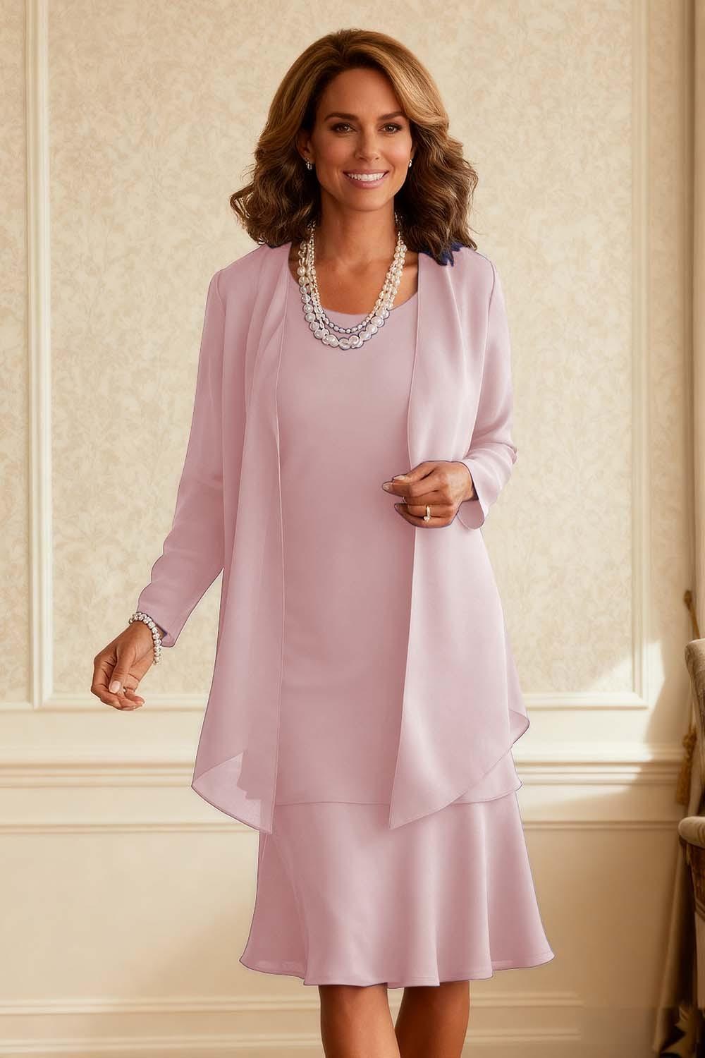 Dreamyannie Royal Blue Chiffon Scoop Neck Knee Length 2 Piece Mother Of The Bride Dress With Jacket