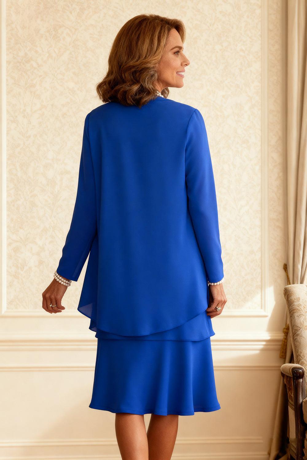 Dreamyannie Royal Blue Chiffon Scoop Neck Knee Length 2 Piece Mother Of The Bride Dress With Jacket