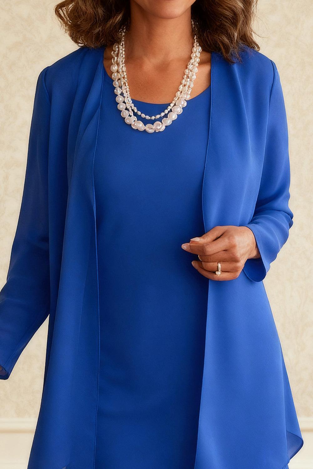 Dreamyannie Royal Blue Chiffon Scoop Neck Knee Length 2 Piece Mother Of The Bride Dress With Jacket