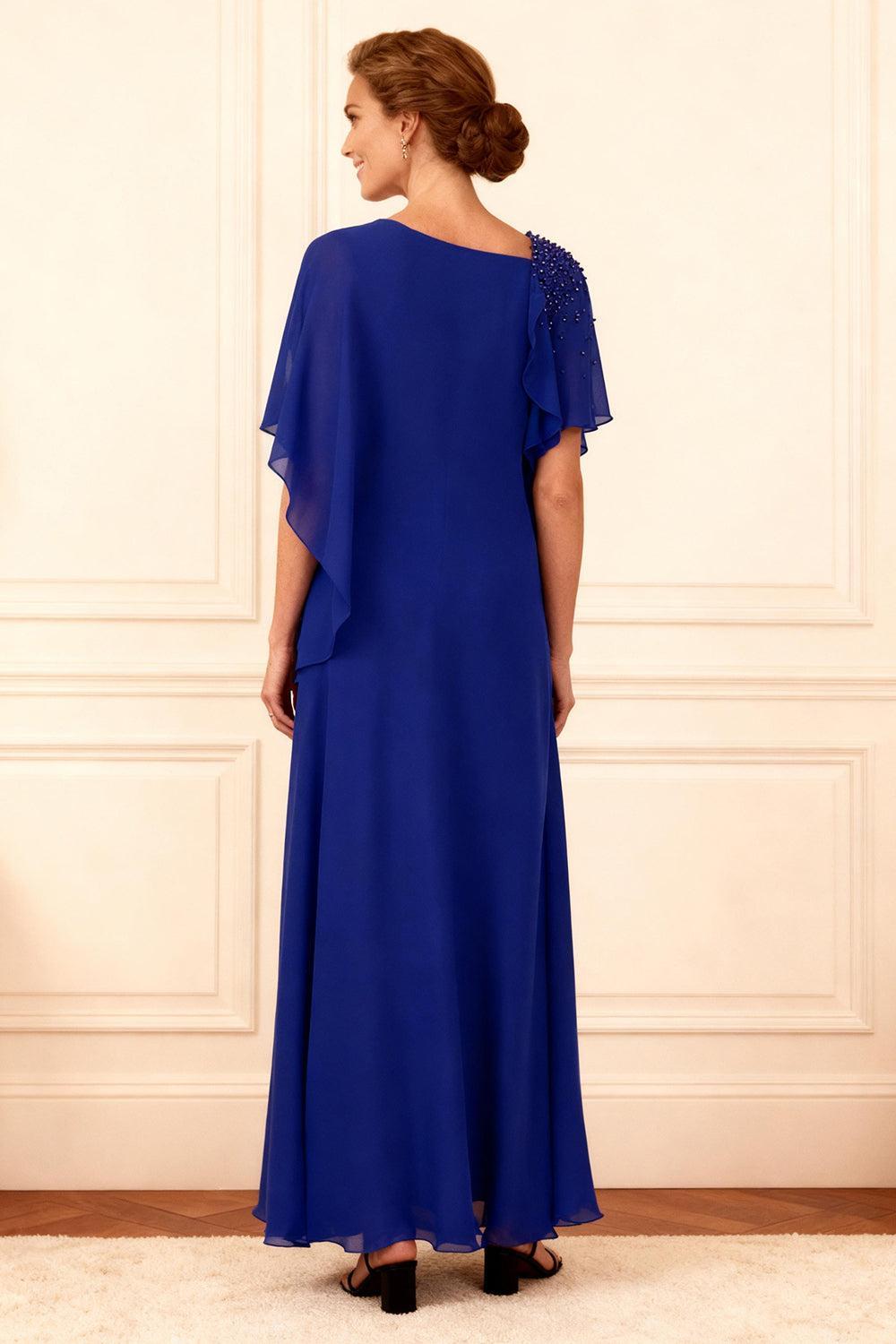 Dreamyannie Royal Blue Chiffon Sheath Floor Length Mother Of The Bride Dress With Beading