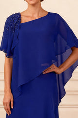 Dreamyannie Royal Blue Chiffon Sheath Floor Length Mother Of The Bride Dress With Beading