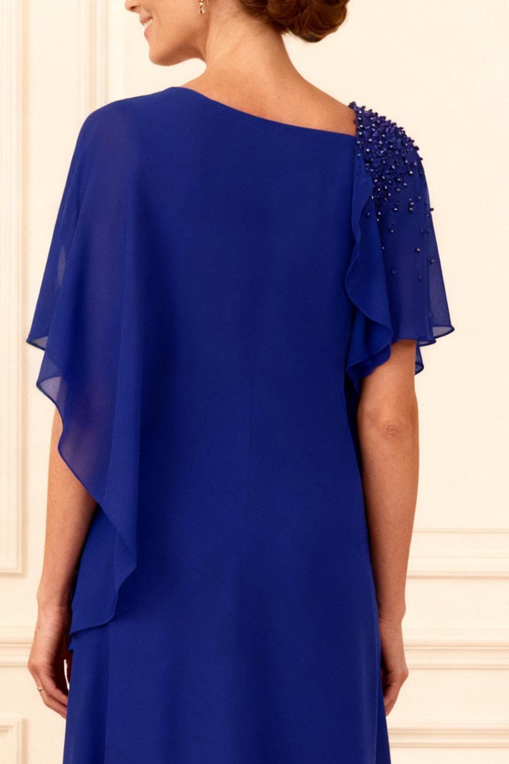 Dreamyannie Royal Blue Chiffon Sheath Floor Length Mother Of The Bride Dress With Beading