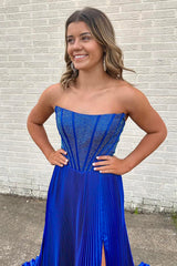 Dreamyannie Royal Blue Prom Dress A-Line Beaded Pleated Long Evening Dress With Slit