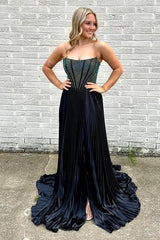 Dreamyannie Royal Blue Prom Dress A-Line Beaded Pleated Long Evening Dress With Slit