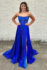 Dreamyannie Royal Blue Prom Dress A-Line Beaded Pleated Long Evening Dress With Slit