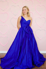 Dreamyannie Royal Blue Prom Dress A-Line One Shoulder Long Evening Dress With Slit