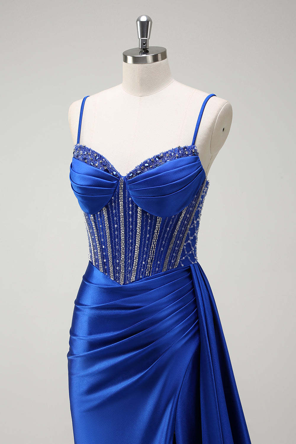 Dreamyannie Royal Blue Prom Dress Corset Beaded Side Cape Long Evening Dress With Slit