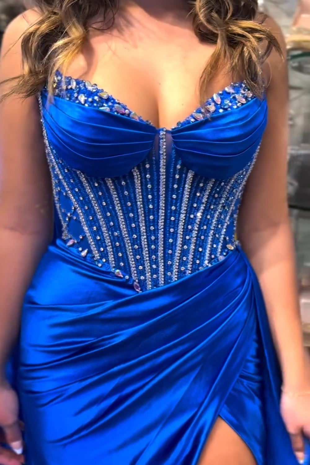 Dreamyannie Royal Blue Prom Dress Corset Beaded Side Cape Long Evening Dress With Slit