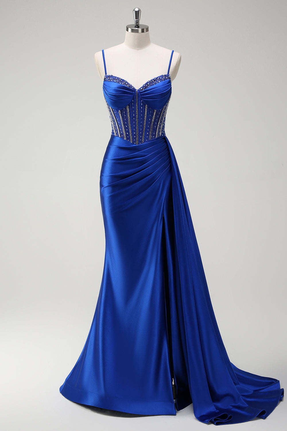 Dreamyannie UK Royal Blue Prom Dress Corset Beaded Side Cape Long Evening  Dress With Slit
