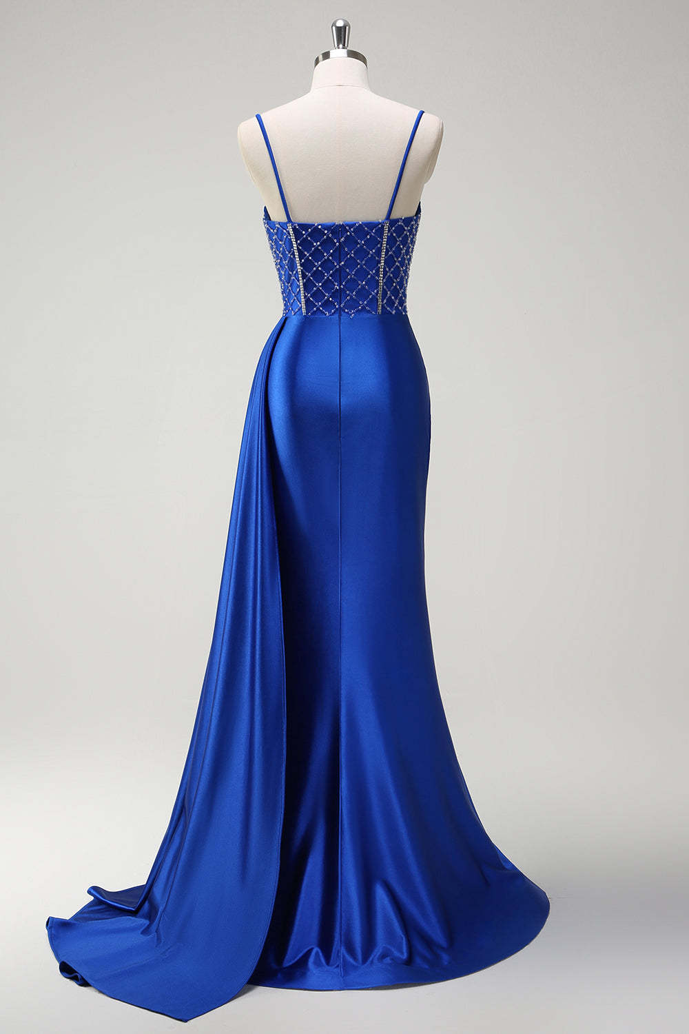 Dreamyannie Royal Blue Prom Dress Corset Beaded Side Cape Long Evening Dress With Slit