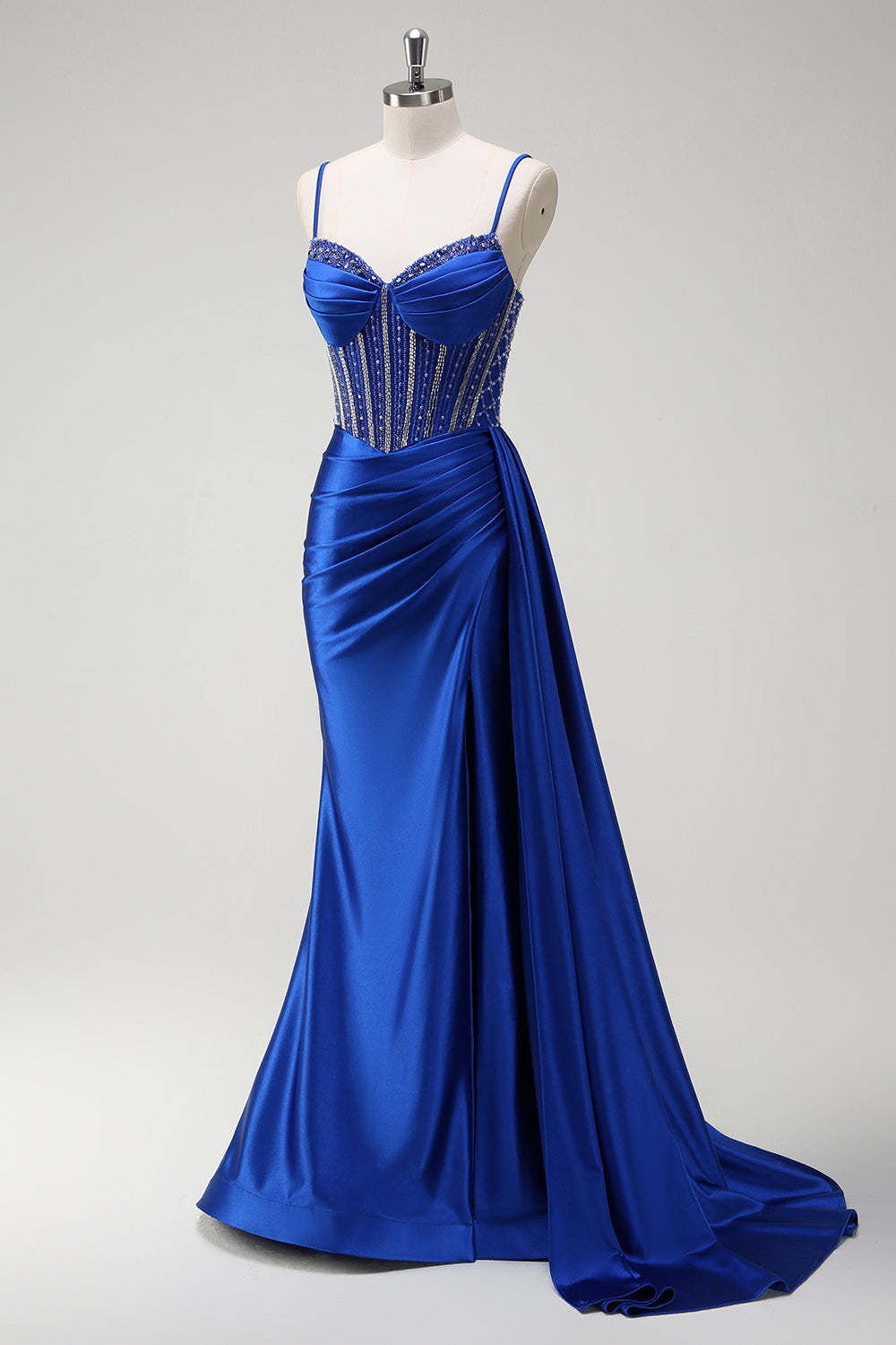 open lace back dress Dreamyannie UK Royal Blue Prom Dress Corset Beaded Side Cape Long Evening  Dress With Slit