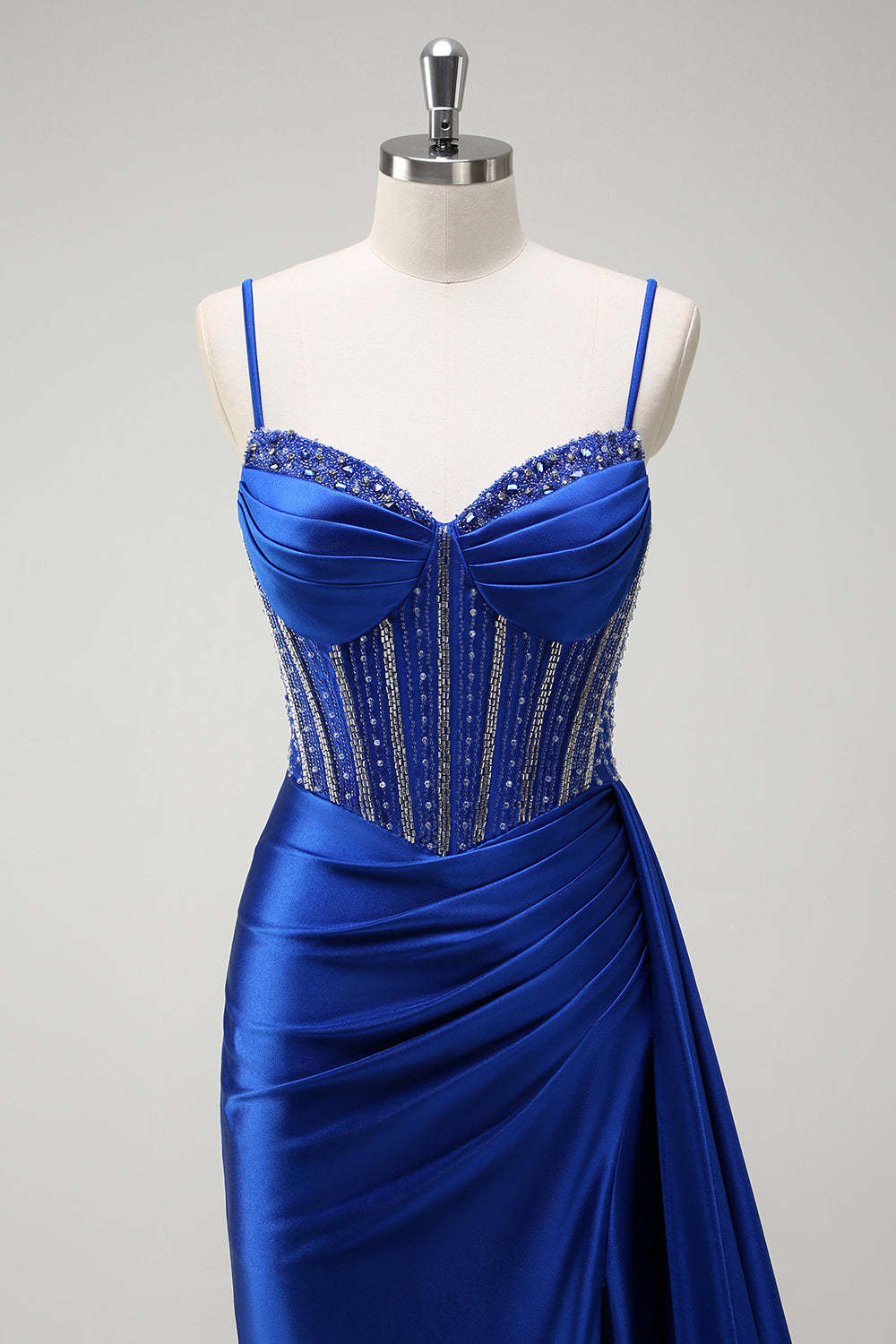 Dreamyannie Royal Blue Prom Dress Corset Beaded Side Cape Long Evening Dress With Slit