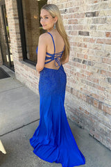 Dreamyannie Royal Blue Prom Dress Long Spaghetti Straps Evening Dress With Slit