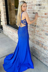 Dreamyannie Royal Blue Prom Dress Long Spaghetti Straps Evening Dress With Slit