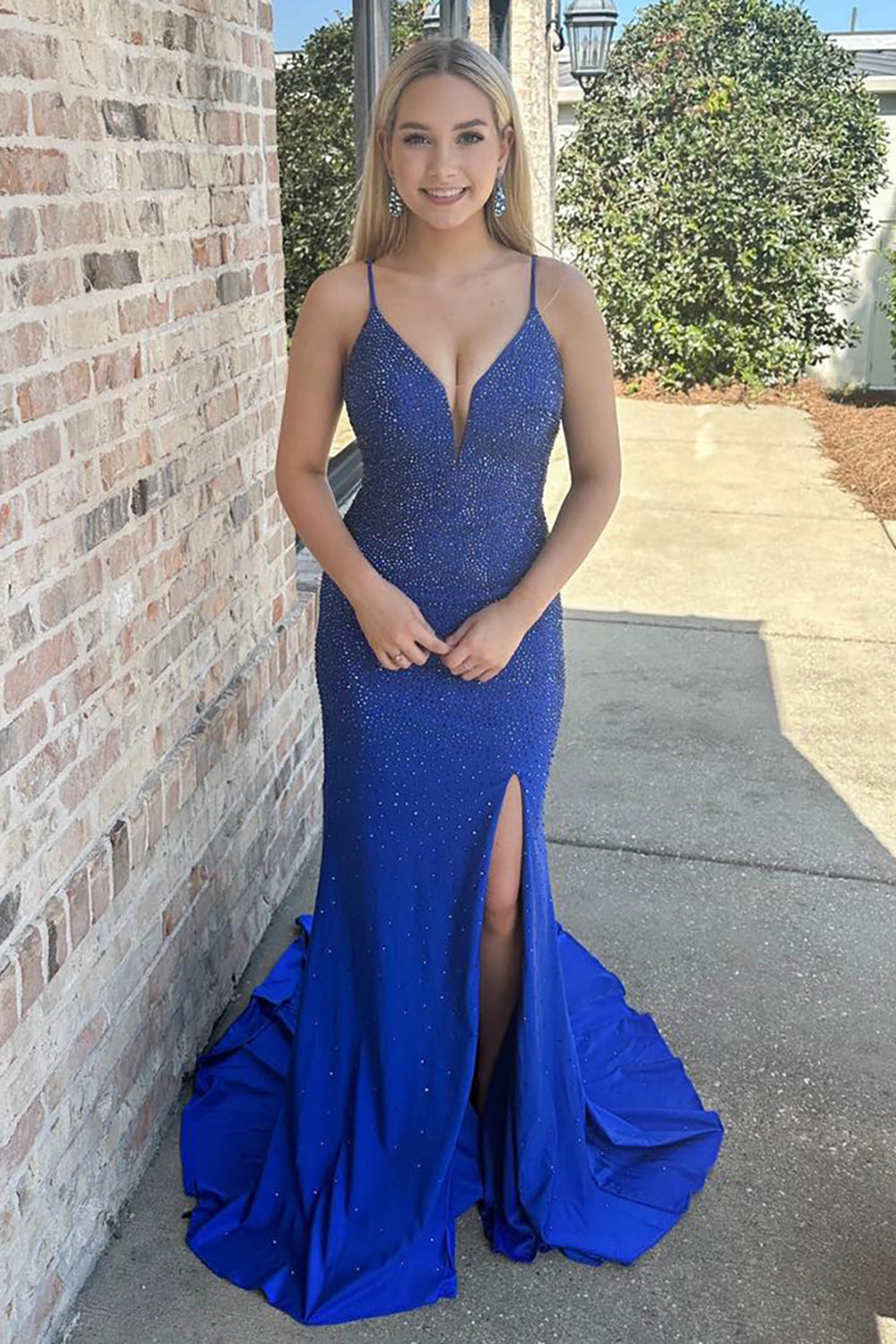 Dreamyannie Royal Blue Prom Dress Long Spaghetti Straps Evening Dress With Slit