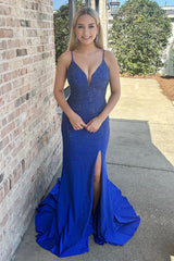 Dreamyannie Royal Blue Prom Dress Long Spaghetti Straps Evening Dress With Slit