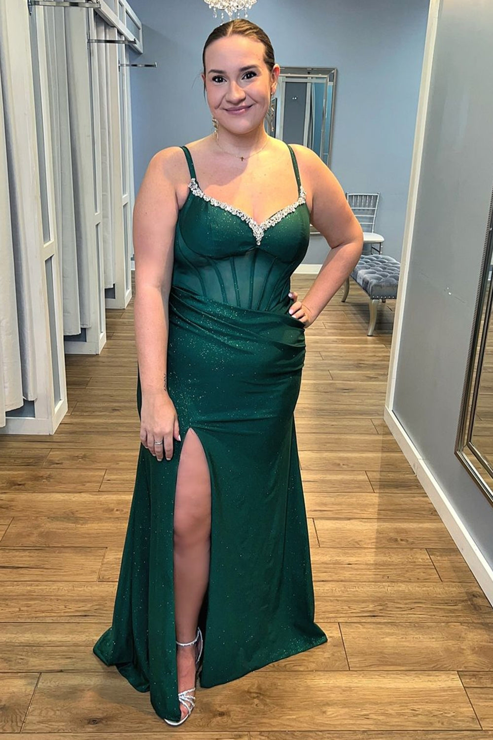 Dreamyannie Royal Blue Prom Dress Mermaid Corset Spaghetti Straps Long Evening Dress With Slit