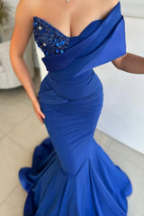 Dreamyannie Royal Blue Prom Dress Mermaid One Shoulder Sequined Sleeveless Evening Dress