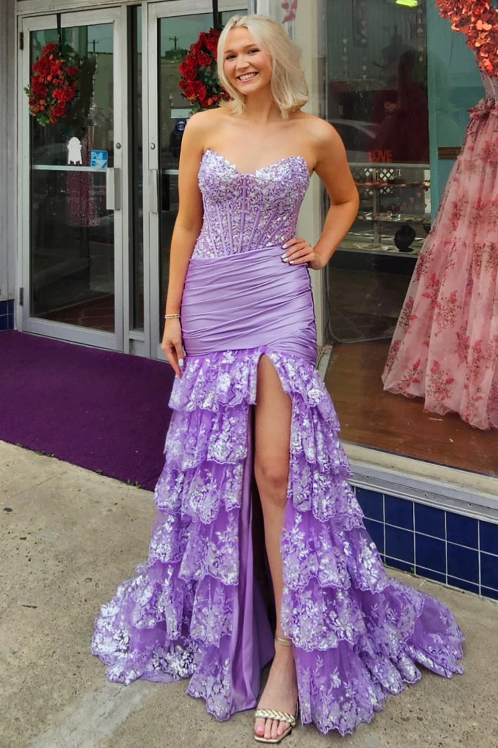Dreamyannie Royal Blue Prom Dress Mermaid Ruffled Formal Dress With Slit