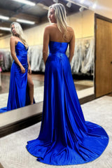 Dreamyannie Royal Blue Prom Dress Mermaid Side Cape Long Evening Dress With Slit