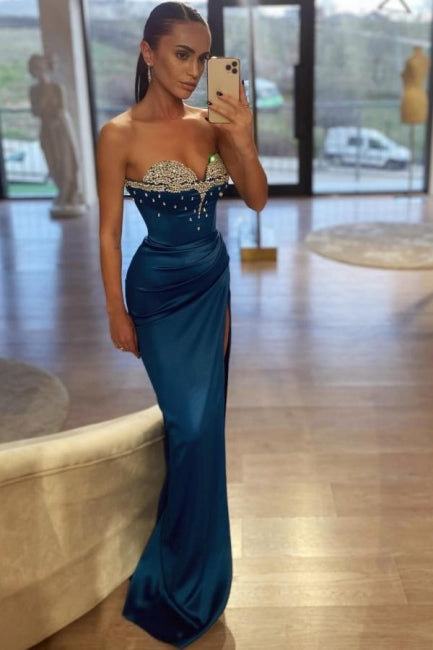 Dreamyannie Royal Blue Prom Dress Mermaid Sweetheart Beaded Sleeveless Satin Slit Formal Dress