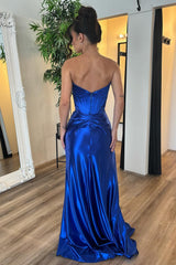 Dreamyannie Royal Blue Prom Dress Satin Corset Long Evening Dress With Slit