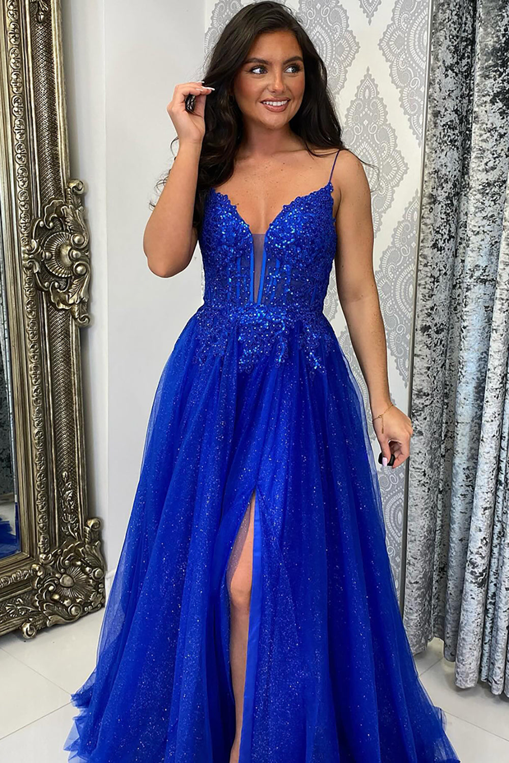 Dreamyannie Royal Blue Prom Dress Sequined A-Line Spaghetti Straps Long Evening Dress With Slit