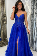 Dreamyannie Royal Blue Prom Dress Sequined A-Line Spaghetti Straps Long Evening Dress With Slit