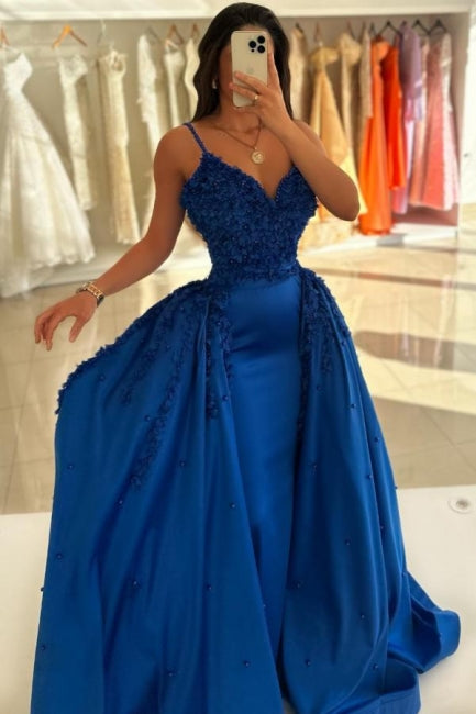 Dreamyannie Royal Blue Prom Dress Spaghetti Strap A Line Satin Formal Dress with Panel Train