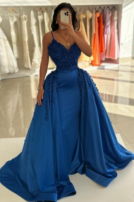 Dreamyannie Royal Blue Prom Dress Spaghetti Strap A Line Satin Formal Dress with Panel Train