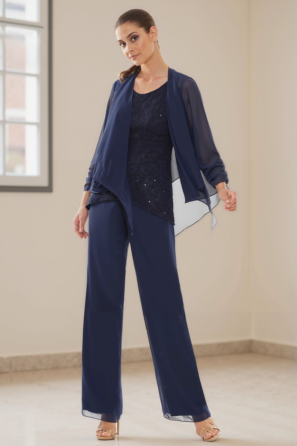 Dreamyannie Royal Blue Ruffled Chiffon 3 Piece Mother Of The Bride Pant Suits With Jacket