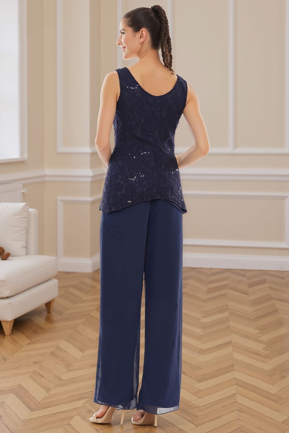 Dreamyannie Royal Blue Ruffled Chiffon 3 Piece Mother Of The Bride Pant Suits With Jacket