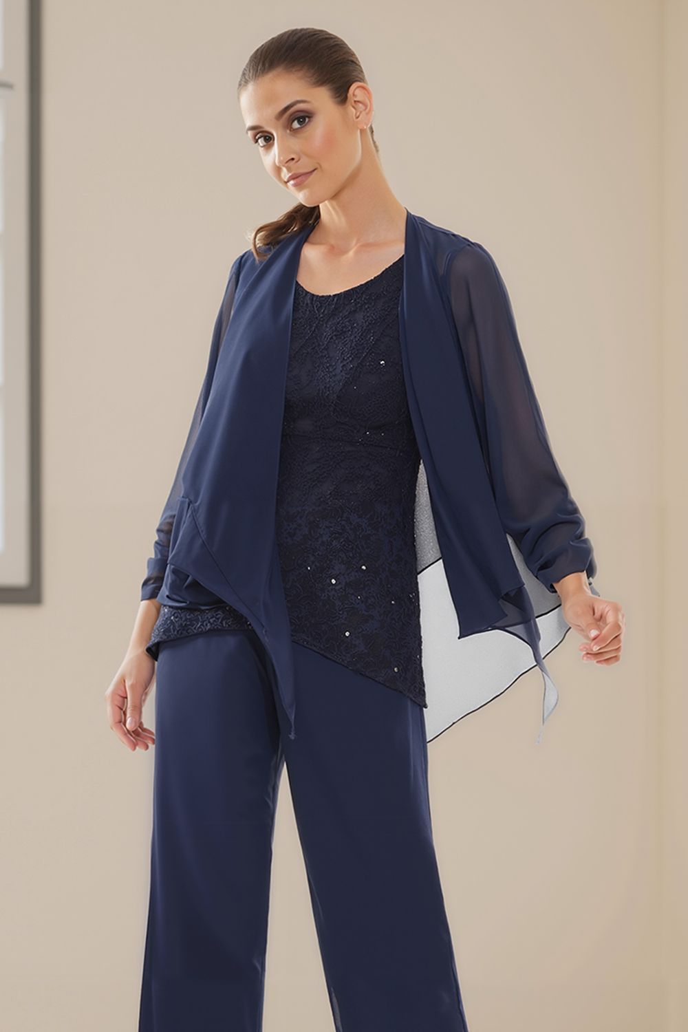 Dreamyannie Royal Blue Ruffled Chiffon 3 Piece Mother Of The Bride Pant Suits With Jacket