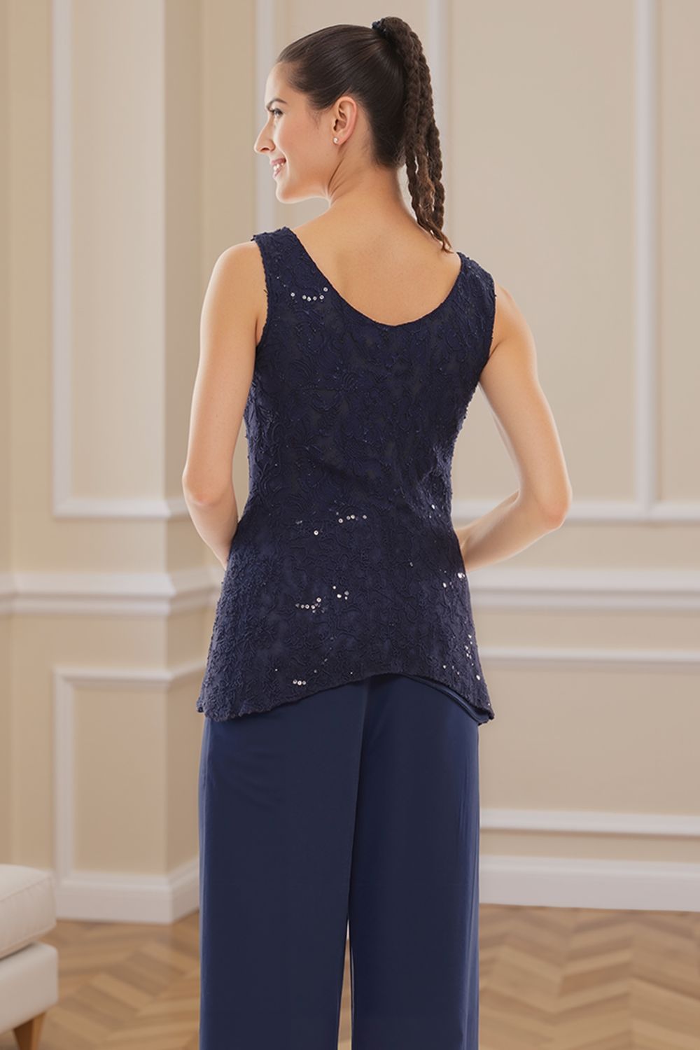Dreamyannie Royal Blue Ruffled Chiffon 3 Piece Mother Of The Bride Pant Suits With Jacket
