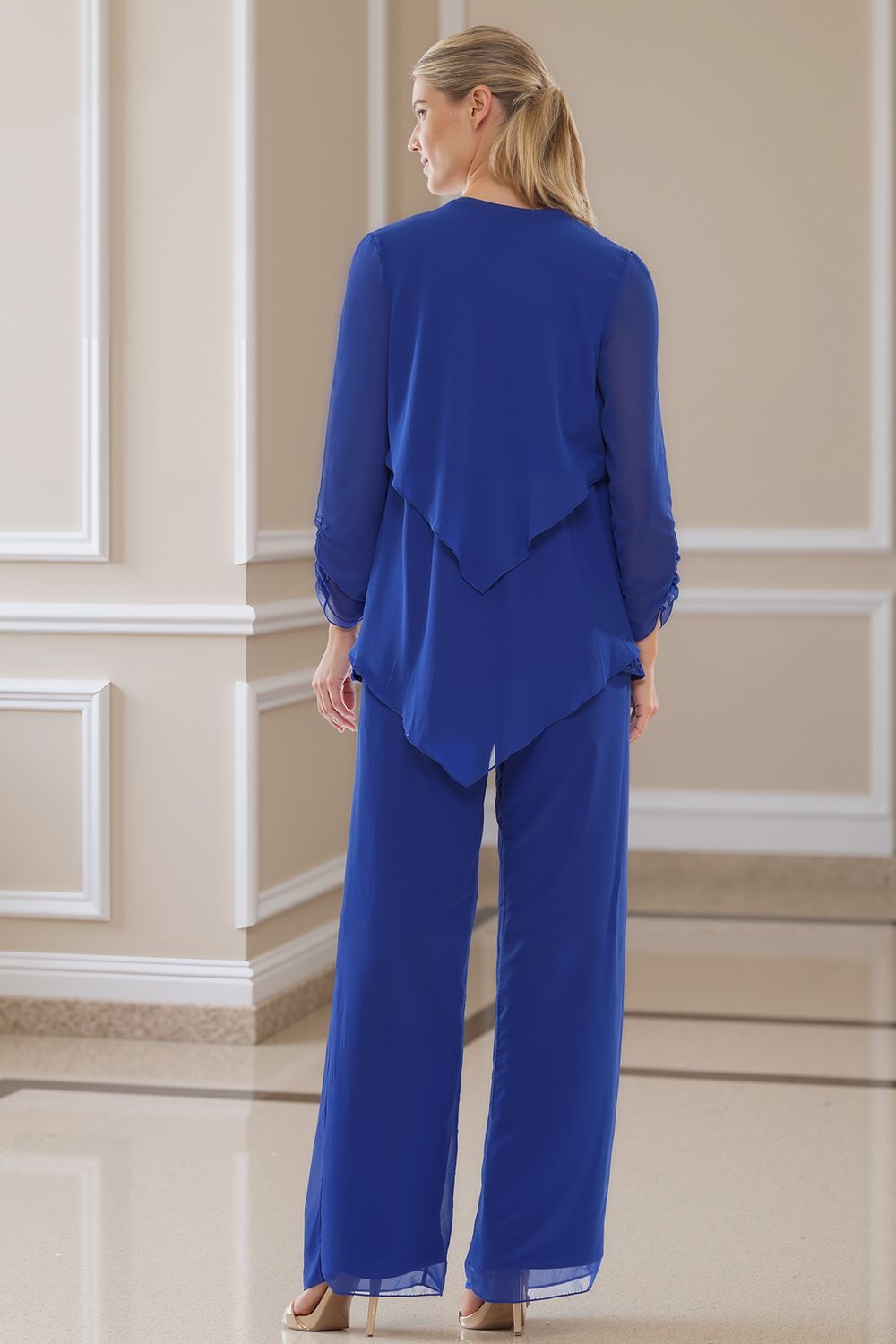 Dreamyannie Royal Blue Ruffled Chiffon 3 Piece Mother Of The Bride Pant Suits With Jacket