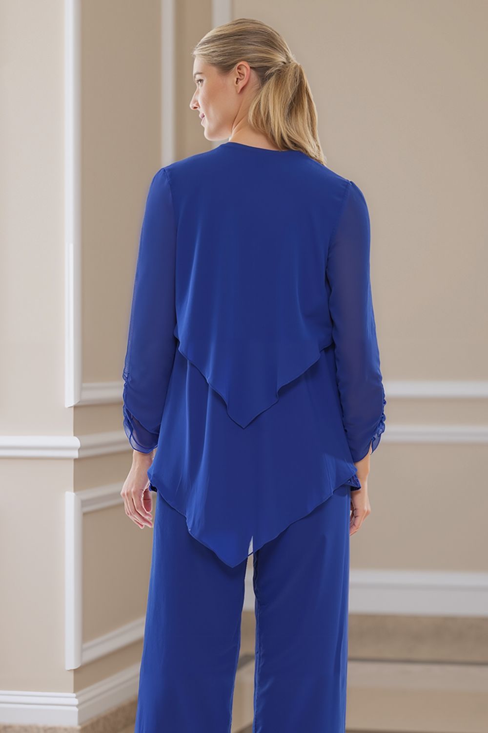 Dreamyannie Royal Blue Ruffled Chiffon 3 Piece Mother Of The Bride Pant Suits With Jacket