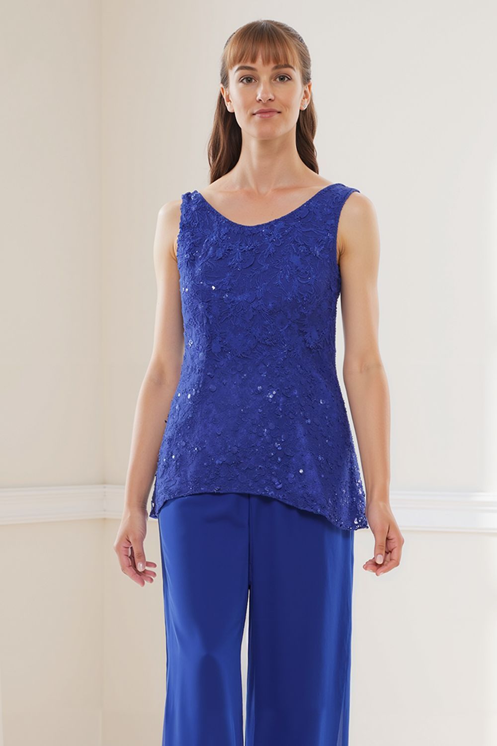 Dreamyannie Royal Blue Ruffled Chiffon 3 Piece Mother Of The Bride Pant Suits With Jacket