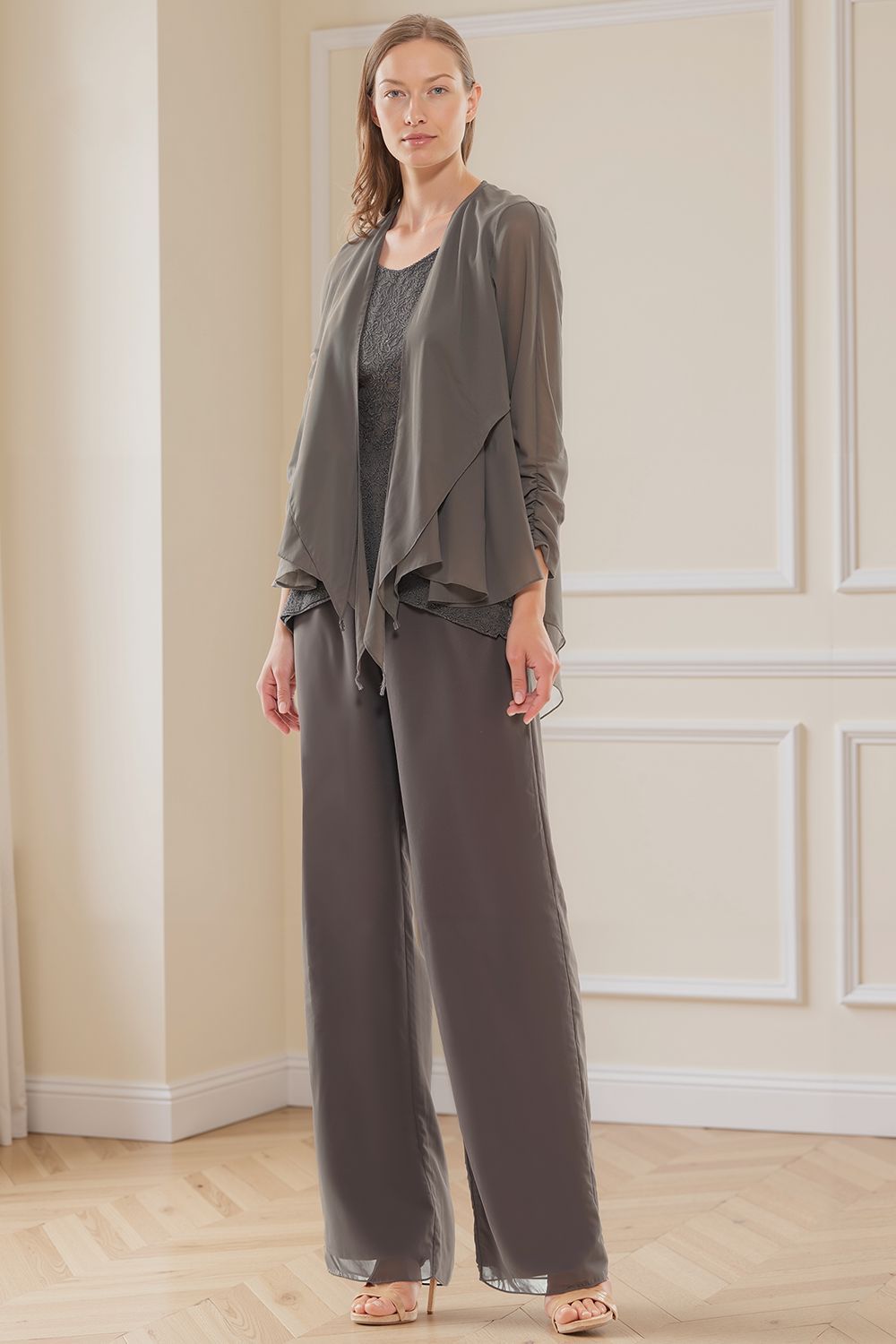 Dreamyannie Royal Blue Ruffled Chiffon 3 Piece Mother Of The Bride Pant Suits With Jacket