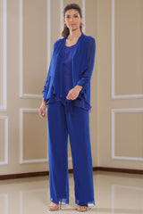 Dreamyannie Royal Blue Ruffled Chiffon 3 Piece Mother Of The Bride Pant Suits With Jacket