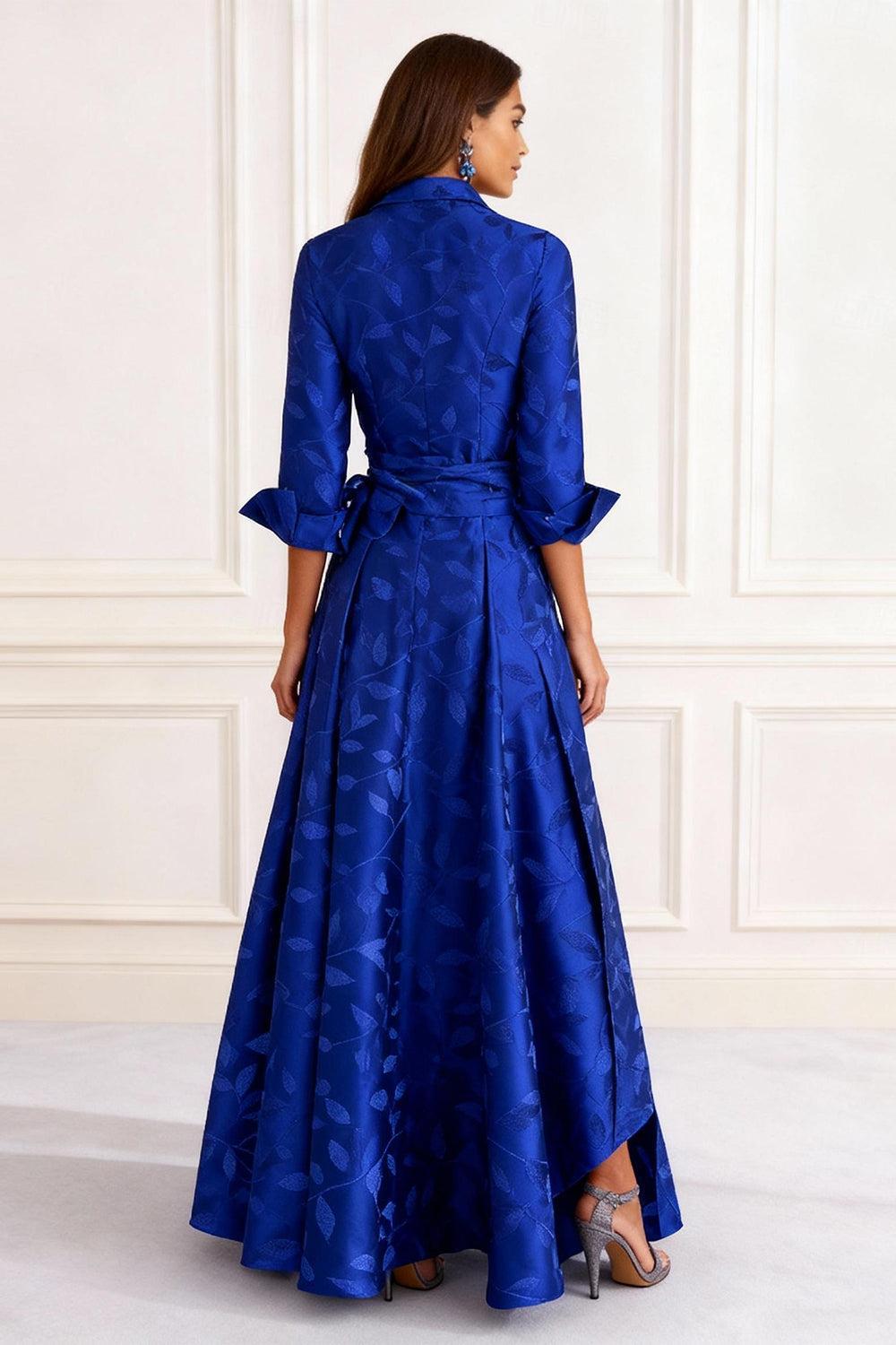 Dreamyannie Royal Blue Satin Lapel A Line Floor Length Mother Of The Bride Dress With Slit