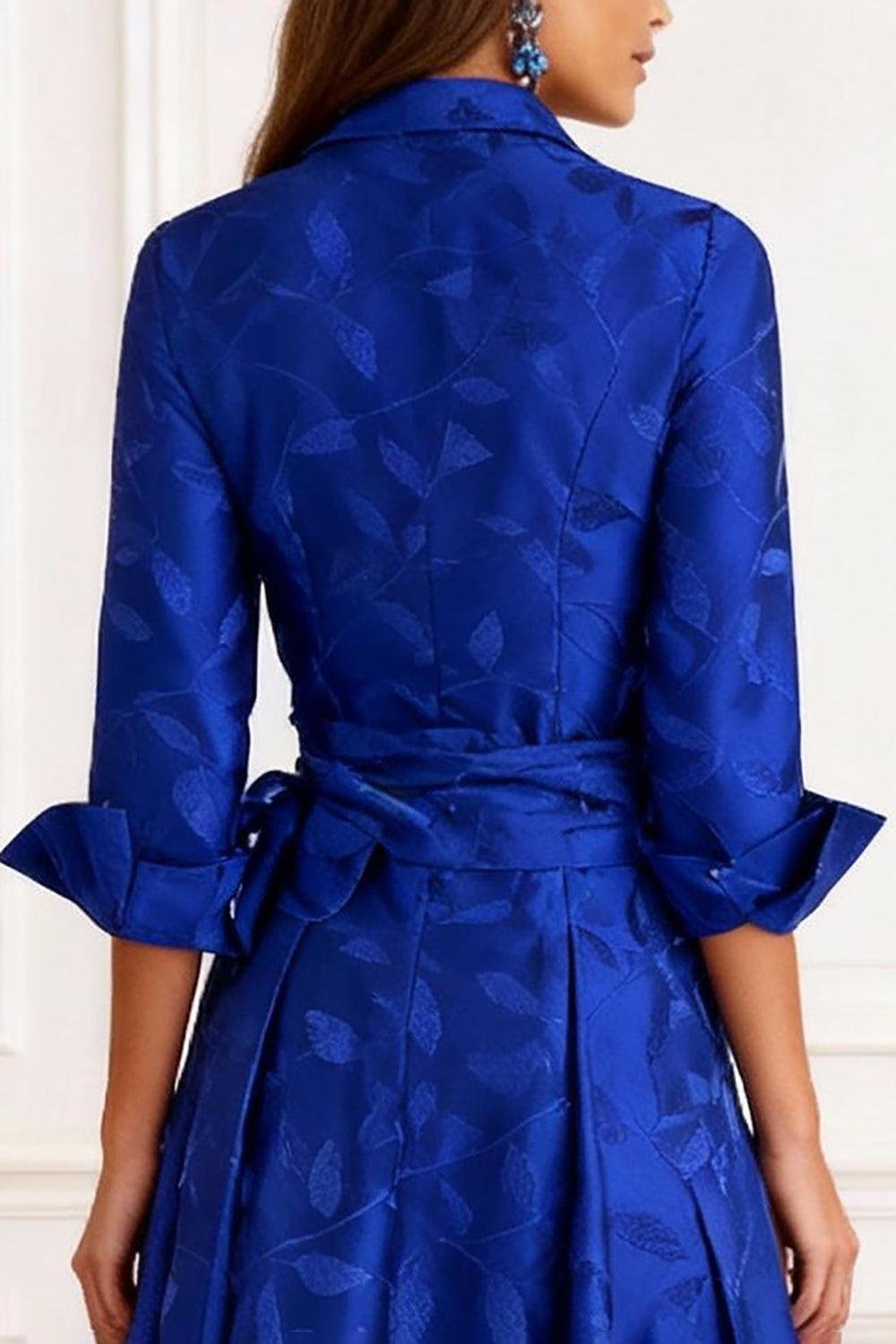 Dreamyannie Royal Blue Satin Lapel A Line Floor Length Mother Of The Bride Dress With Slit