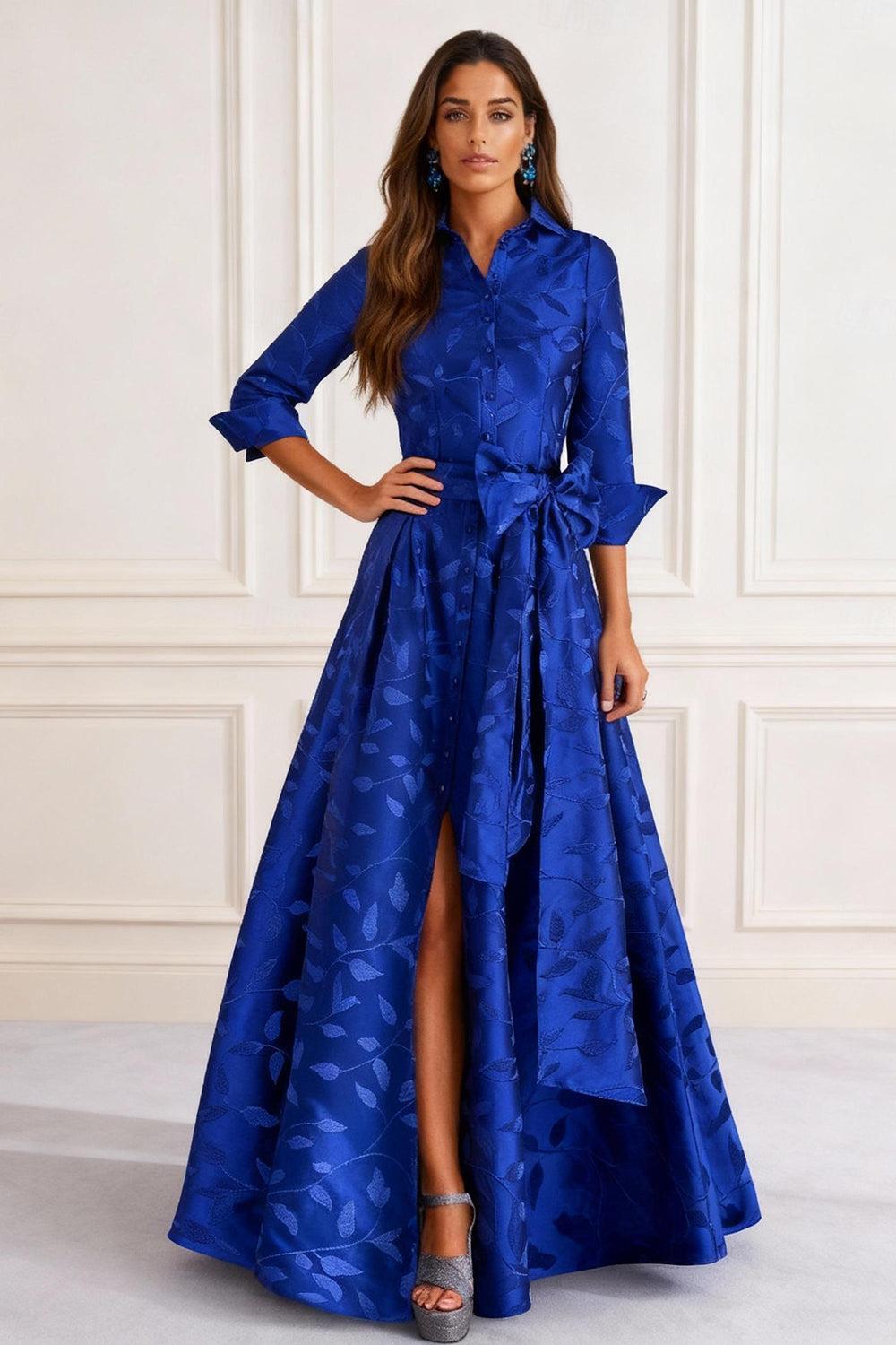 Dreamyannie Royal Blue Satin Lapel A Line Floor Length Mother Of The Bride Dress With Slit