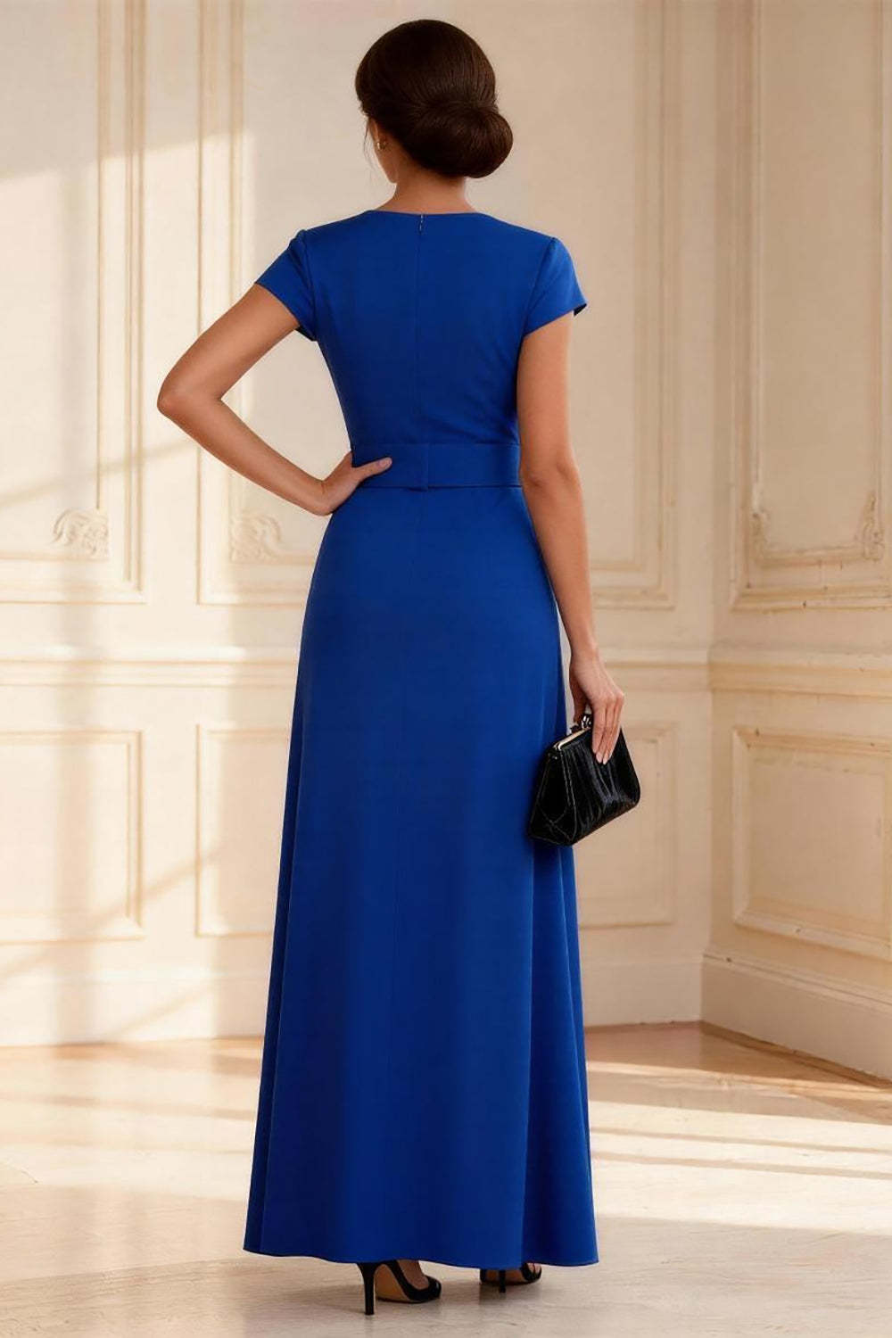 Dreamyannie Royal Blue Sheath V Neck Long Mother Of The Bride Dress With Slit