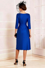 Dreamyannie Royal Blue V Neck Bodycon Satin Midi Mother Of The Bride Dress With Slit