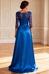 Dreamyannie Royal Blue V Neck Satin Long Mother Of The Bride Dress With Belt