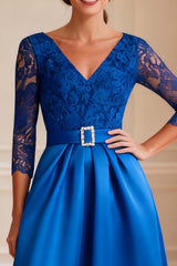 Dreamyannie Royal Blue V Neck Satin Long Mother Of The Bride Dress With Belt